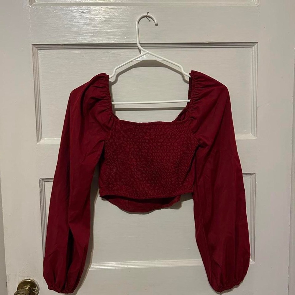 SHEIN Burgundy Smocked Square-Neck Long Sleeve Crop Top